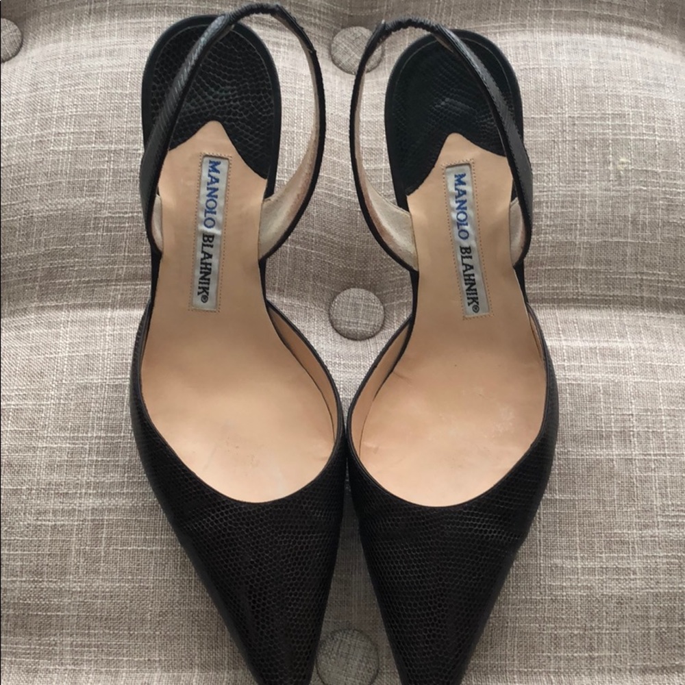 Manolo Blahnik brown mule sling backs.